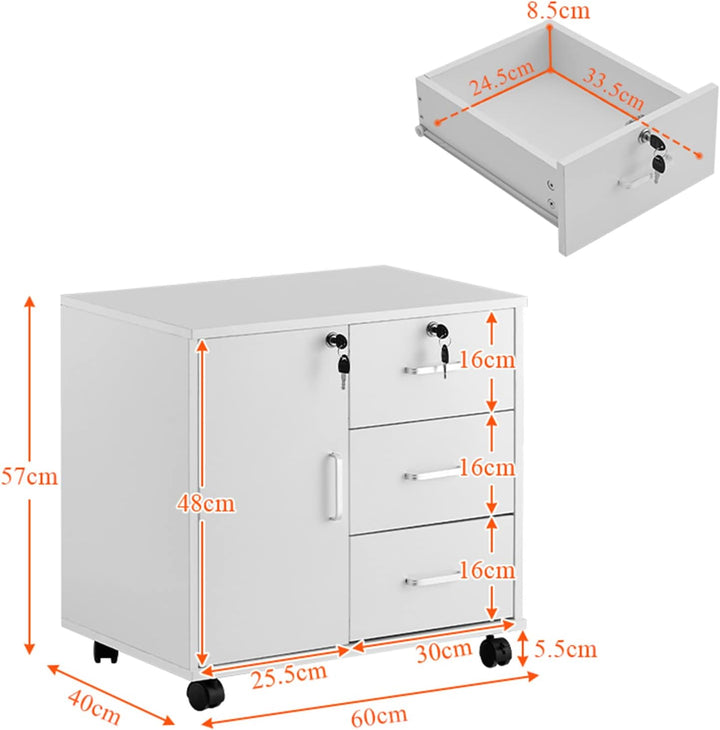 ZBAOLTO Rollcontainer Aktenschrank aus Holz, Abschliessbar Büroschrank mit 3 Schubladen und Tür, Ver