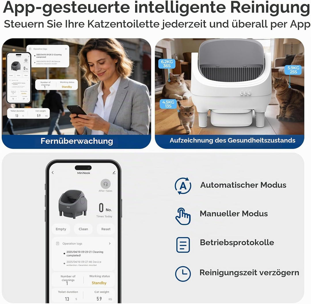 Selbstreinigende Katzentoilette mit App-Steuerung, Extra grosse Kapazität, Geruchsfrei, Automatische