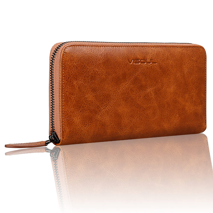 VISOUL Premium Brieftasche Echtleder/Italienisches Leder mit RFID-Schutz, XXL Geldbörse Braun L02, B