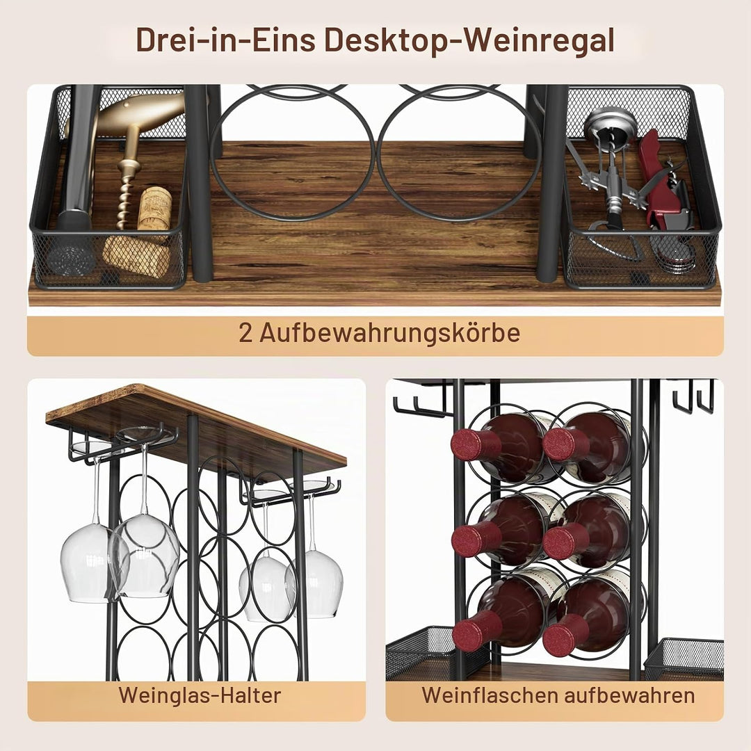 Weinregal für die Tischplatte, geeignet für 6 Weinflaschen und 4 Gläser, freistehendes Regal, zur Au