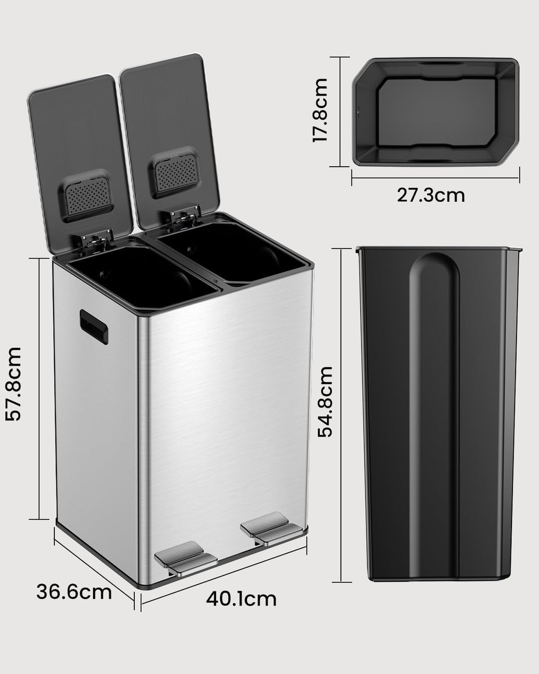 YEAUPE PRO Mülleimer Küche 40L (2 x 20L) mit Pedal, Doppel Mülleimer zur Mülltrennung, Edelstahl Tre