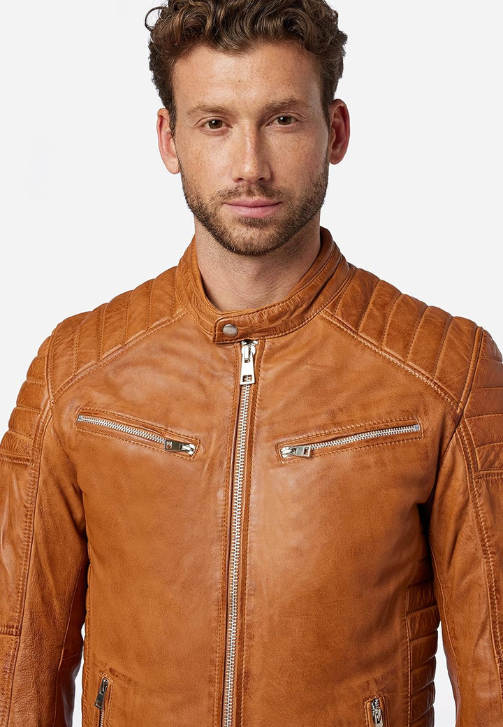 RICANO Cooper – Herren Biker Lederjacke (Slim Fit) - echtes Lamm Leder (XL, Cognac Braun)