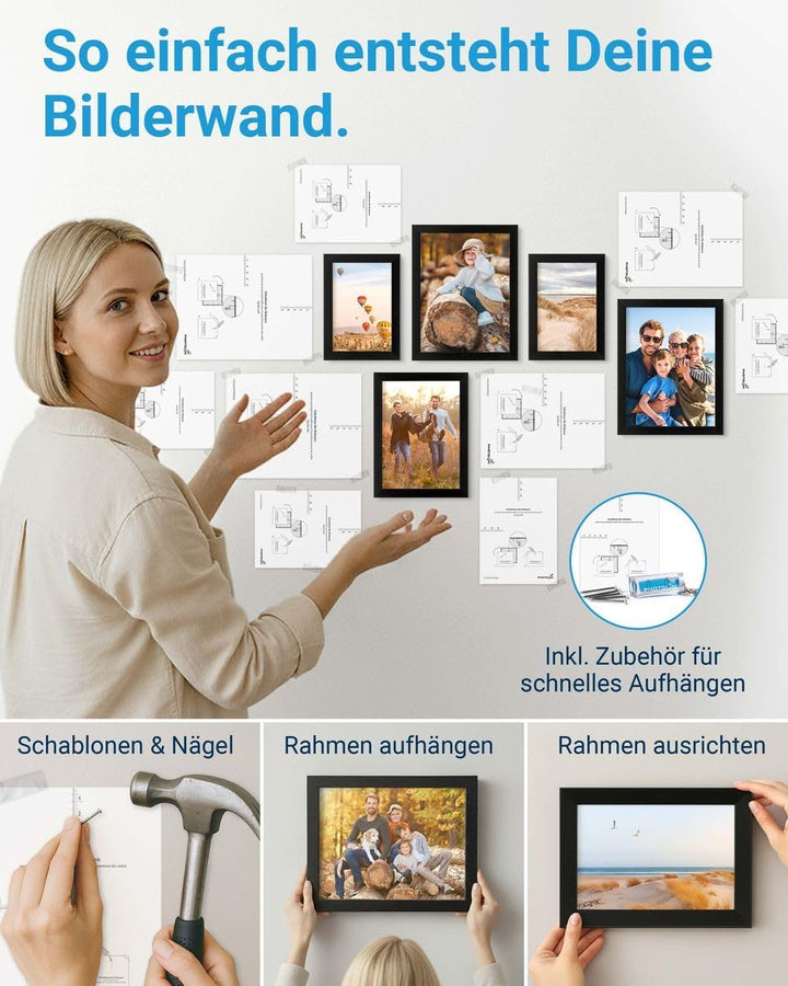 PHOTOLINI Schwarze Bilderrahmen Set verschiedene Grössen, Bilderwand Collage 14 Rahmen, Bilderrahmen
