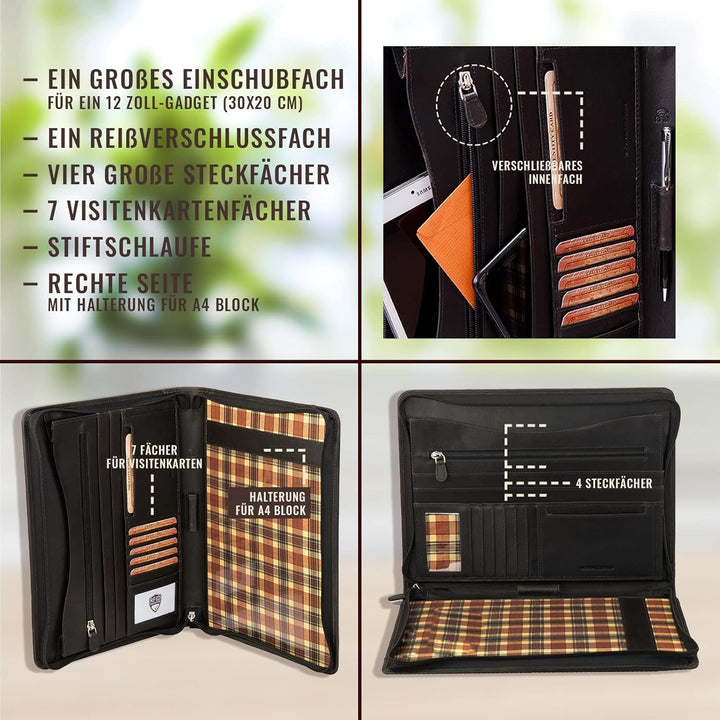 Corno d´Oro Schreibmappe A4 12 Zoll Fach für iPad Tablet I RFID Konferenzmappe Leder mit Reissversch