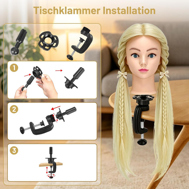 TwoWin 24 Zoll /60 cm Trainingsköpfe für Friseure, Frisierkopf mit 80% Echthaar, Übungskopf Friseurk