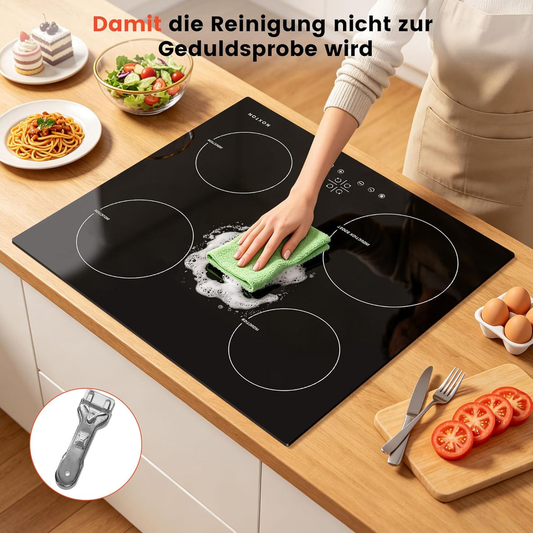NOXTON Induktionskochfeld 60 cm mit Weisse Gläser und blaues Bedienfeld, Induktionsfeld Flexzonen 3