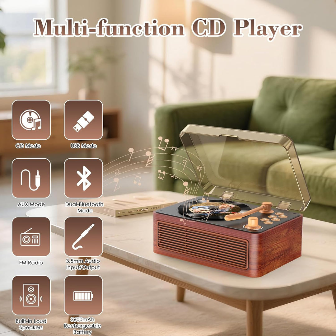 Gueray Tragbarer Bluetooth CD-Player mit Lautsprechern 3600mAh Wiederaufladbarer Vintage CD Spieler
