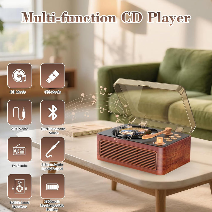 Gueray Tragbarer Bluetooth CD-Player mit Lautsprechern 3600mAh Wiederaufladbarer Vintage CD Spieler