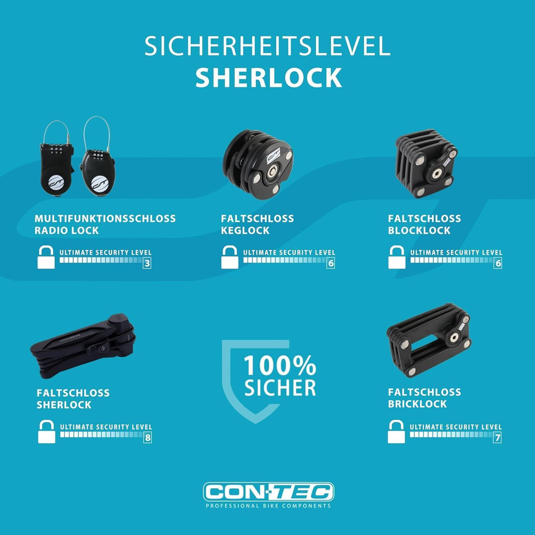 CONTEC Fahrrad Falt-Schloss SherLock, robuster Tredur-Spezial-Stahl, 85 cm mit Halterung, Wende-Schl