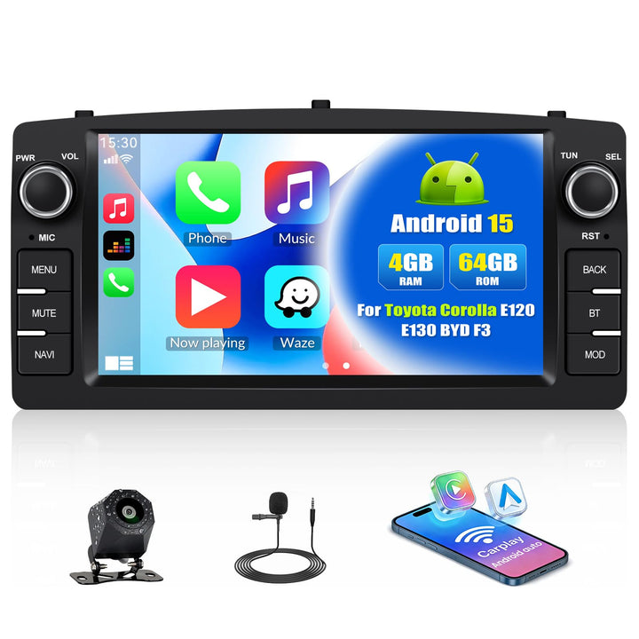 CAMECHO 4+64G 7 Zoll Android 15 Autoradio für Toyota Corolla E120 E130 2000-2007 BYD F3 2006-2013, R