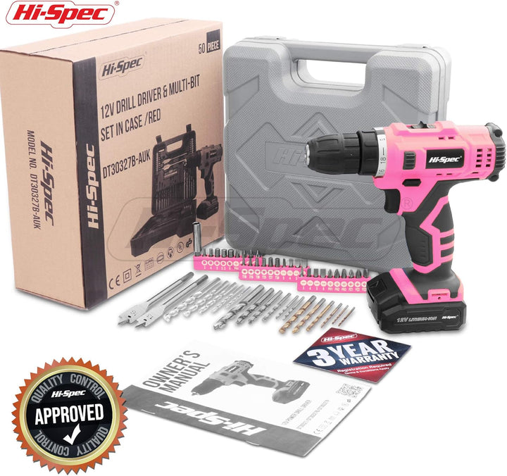 Hi-Spec Akkuschrauber und Bohrmaschinen 50tlg. – 12V Bohrmaschine in Pink Rosa mit gängigen Holz-, M