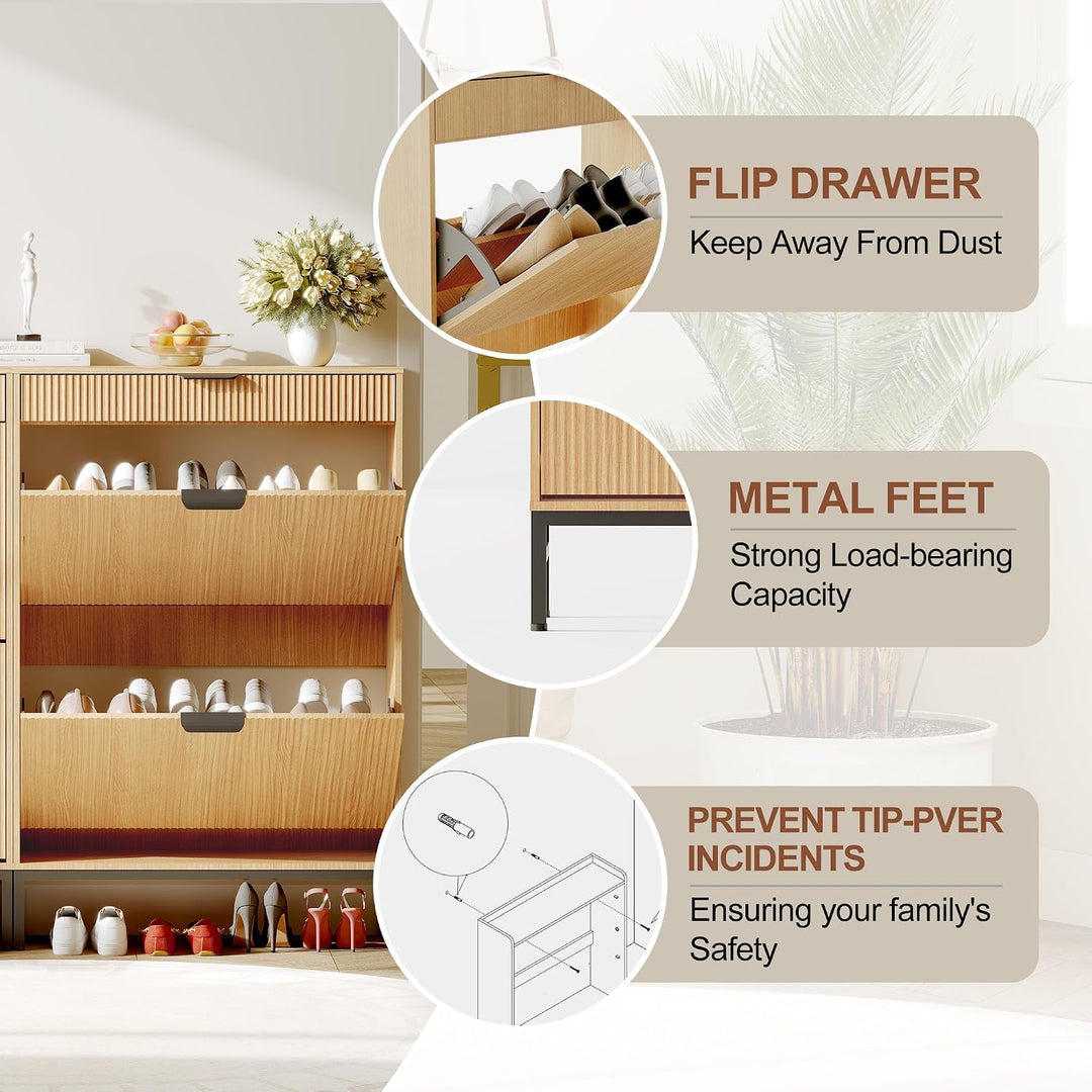 Platzsparender Schuhschrank schmal mit 2 Klappfächern &amp; Schublade – modernes Fluted-Design – freiste