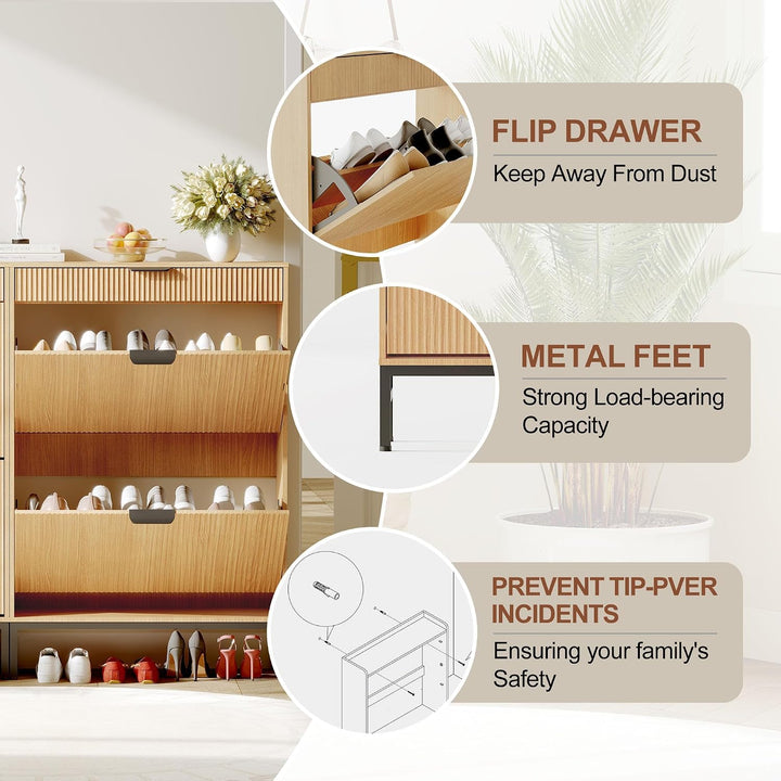 Platzsparender Schuhschrank schmal mit 2 Klappfächern &amp; Schublade – modernes Fluted-Design – freiste