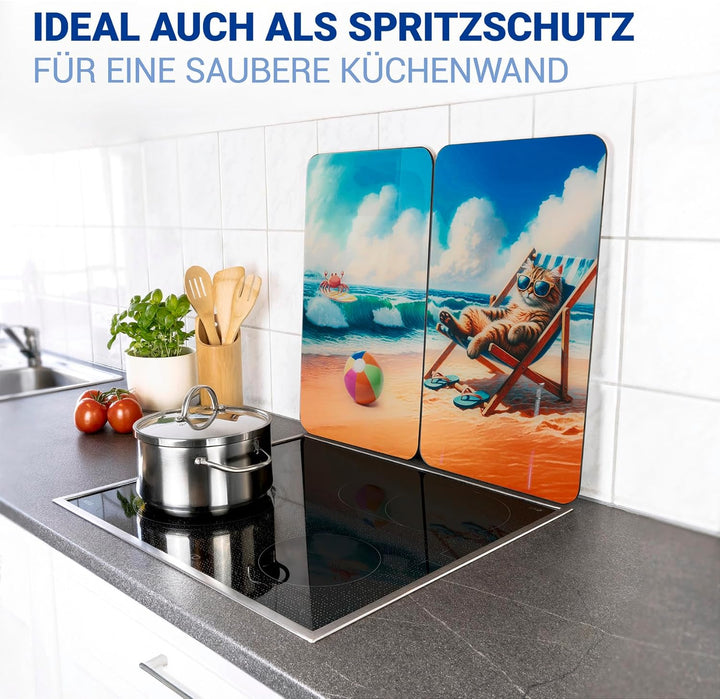WENKO Herdabdeckplatte Universal Mod. Katze am Strand, höhenverstellbar für alle Herdarten, Schneide