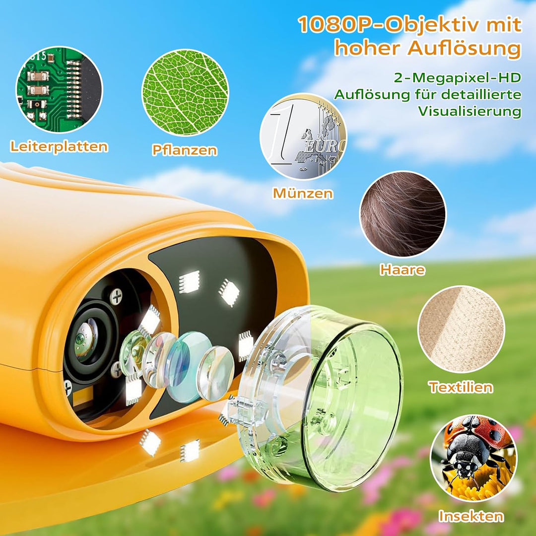 Digitales Mikroskop für Kinder, 1000X Vergrösserung mit 2.0" IPS Bildschirm, USB Wiederaufladbar und