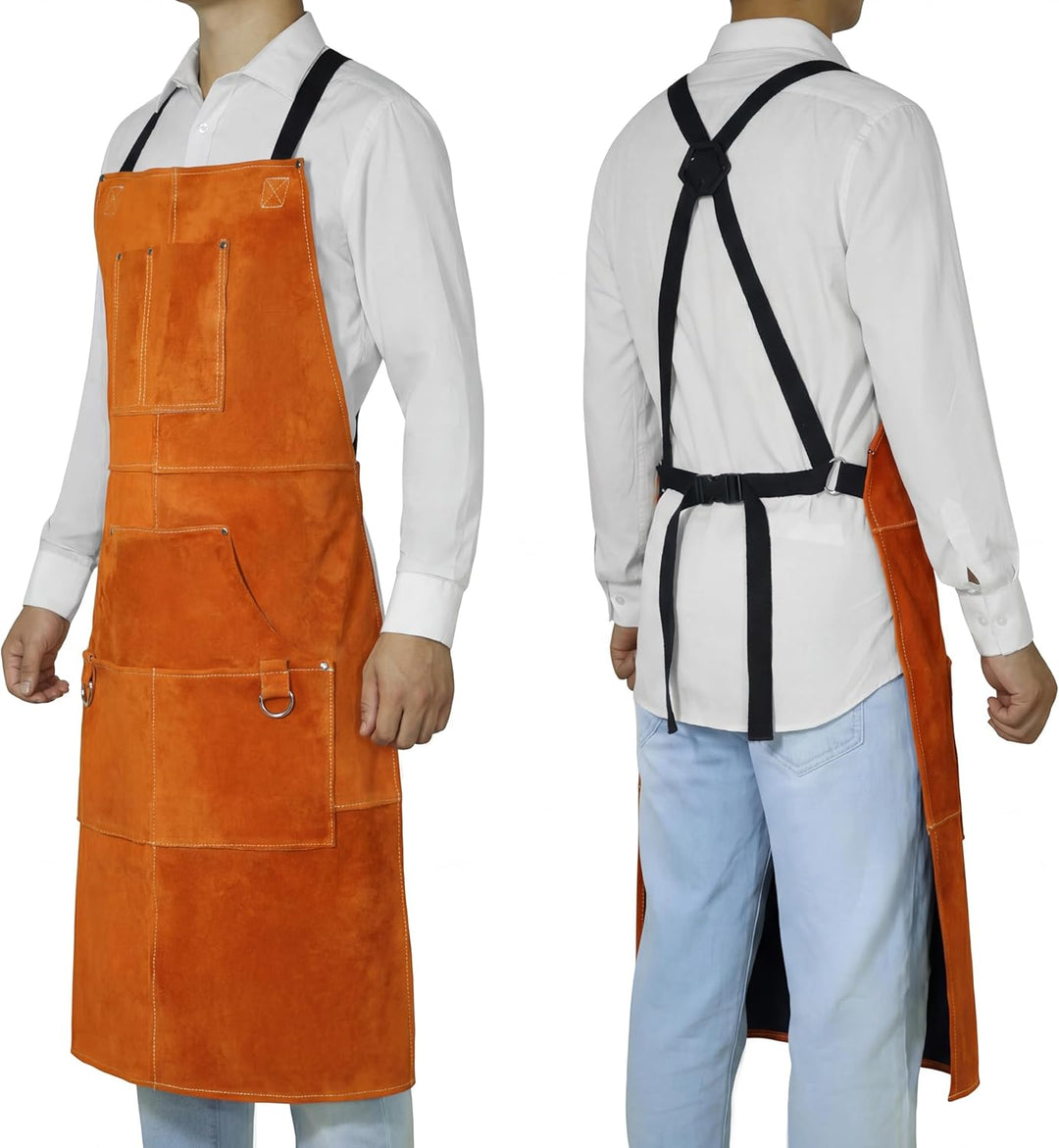 ONETIAN Schweissschürze aus Leder mit Futter und mehreren Taschen, hitze- und schwer entflammbar, ro