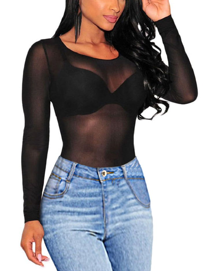 MAYFASEY Damen Sheer Mesh Tops Stretchy Langarm Transparentes Shirt Bluse Clubwear 2-schwarz S, 2-sc