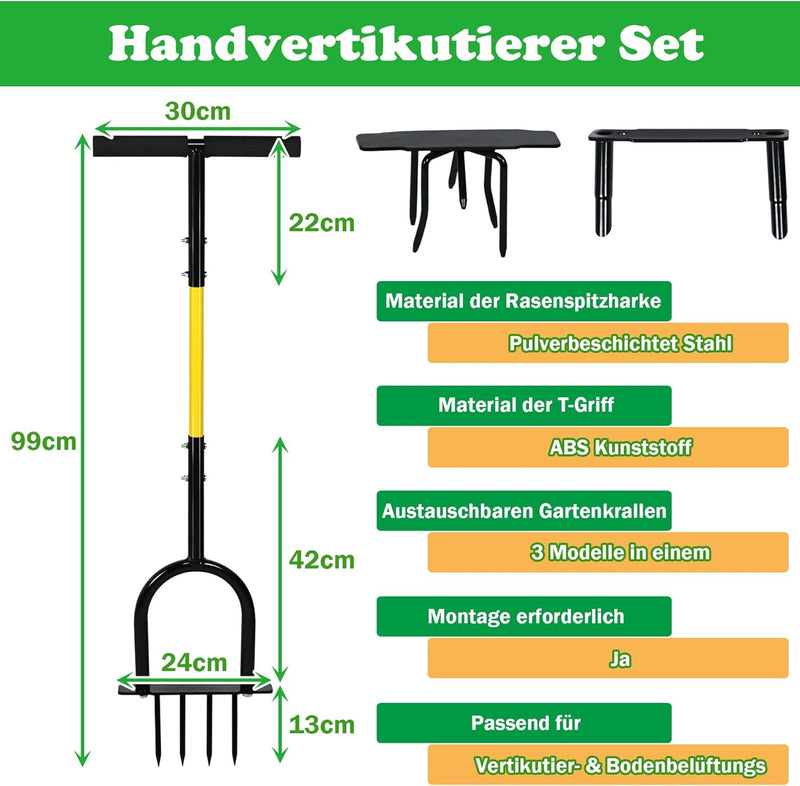 SUBTLETY 99cm Handvertikutierer Set Manuelle Vertikutier- & Bodenbelüftungsgerät Rasenlüfter mit 3 A