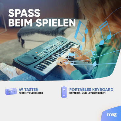 MAX KD49P - Kinder Keyboard mit Mikrofon, 49 Tasten, 16 Klangarten, 8 Rhythmen & Sounds, Kinderklavi
