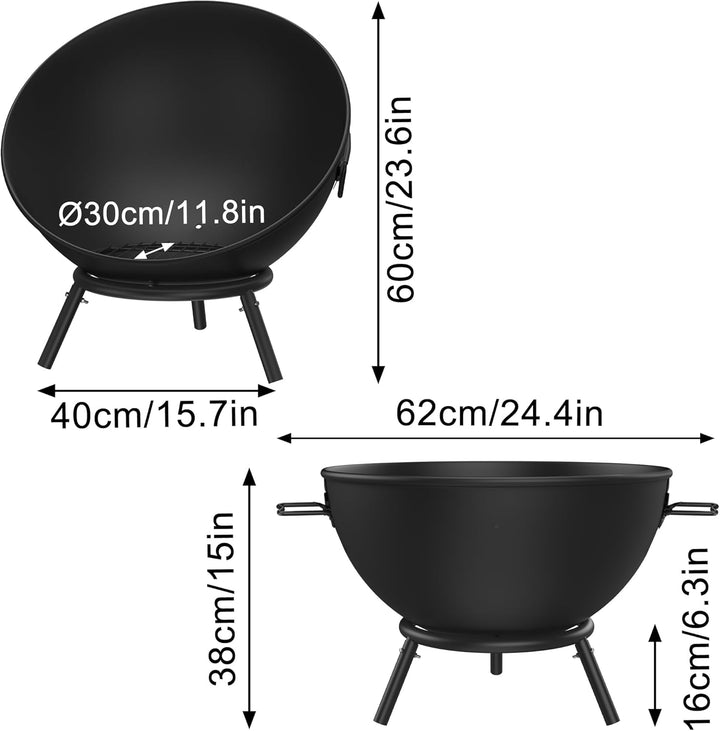 UISEBRT Runde Feuerschale 60 cm aus Stahl tragbare Feuerstelle mit Holzrost und Zubehör ideal für Ga