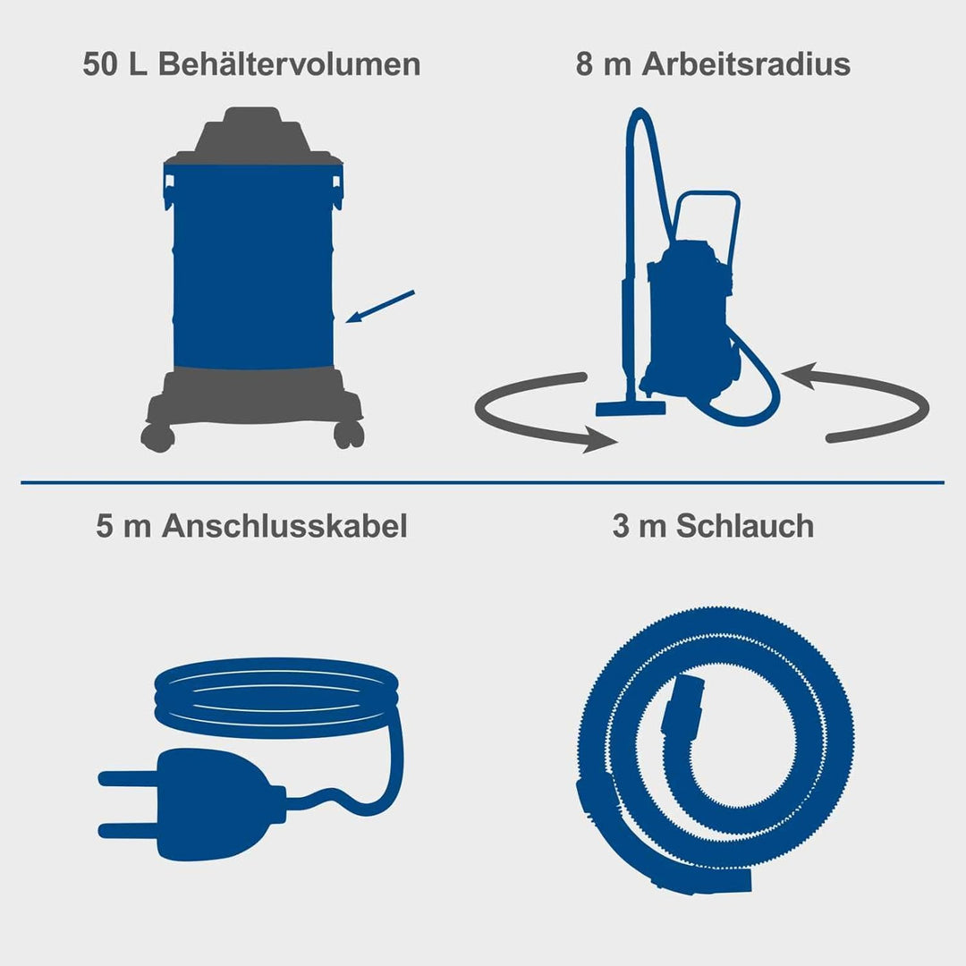 Scheppach Nass- / Trockensauger VC50 Nasssauger | 50L Edelstahlbehälter & Zubehör | 1400W Leistung |