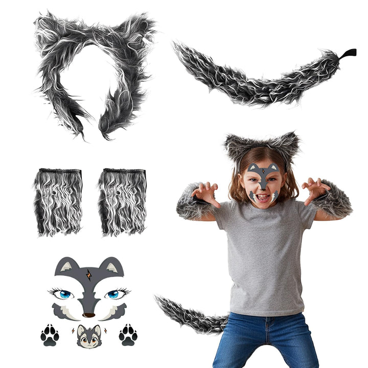 Wolfskostüm-Zubehör-Set, Wolfsohren, Handschuhe, Wölfe, Schwanz, Wölfe, Gesicht, Aufkleber, Kostüme