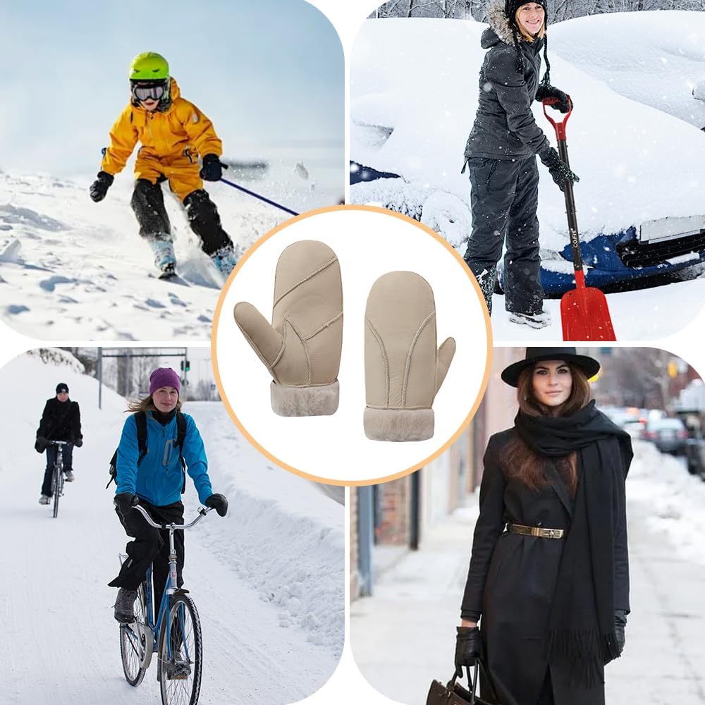 MGGMOKAY Damen Fäustlinge für Winter Damen Lammfell Shearling Fäustlinge Winter Lederhandschuh XL Be