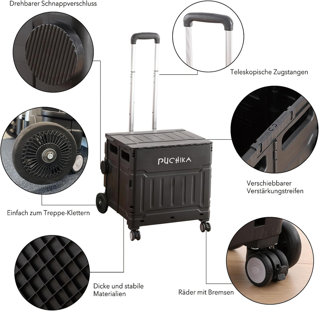 PUCHIKA Einkaufstrolley klappbar, Einkaufswagen Trolley, Einkaufstrolley mit Deckel, Shopping Trolle