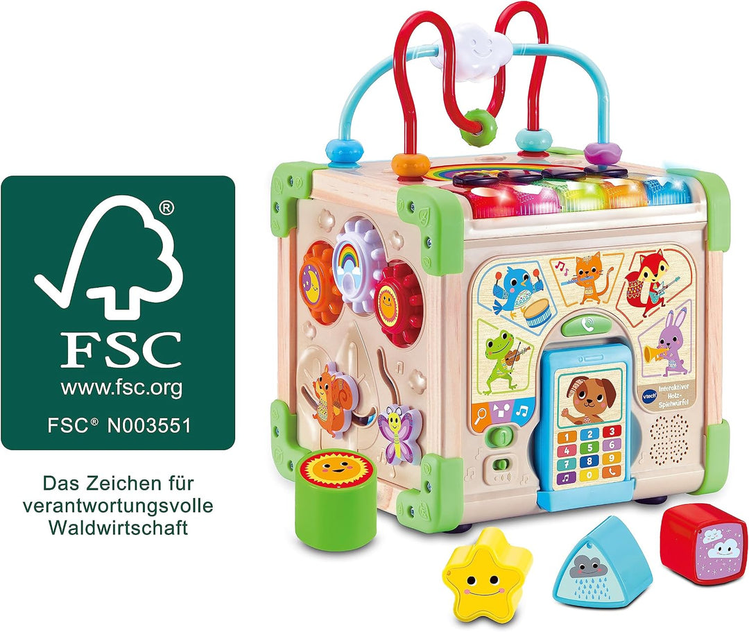 VTech Interaktiver Holz-Spielwürfel – Interaktiver Spielwürfel mit FSC®-zertifiziertem Holz – Mit ve