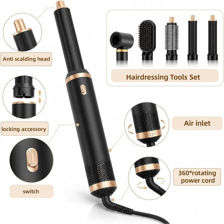 5 in 1 Hairstyler Warmluftbürste mit Aufsätzen - Rotierende Lockenbürste Elektrisch, Föhn Rundbürste