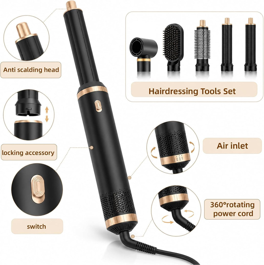 Hairstyler 5 in 1, Multi Haarstyler Heissluft, Föhn mit Lockenaufsatz, Lockenstyler &amp; Glättbürste, A