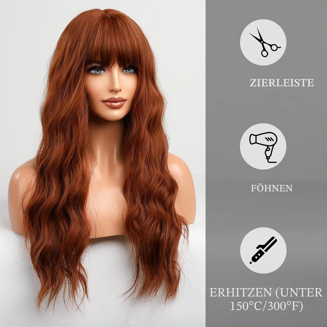 HAIRCUBE Orange Perücke mit Pony Lange Kupfer Rot Lockige Perücken für Frauen Lange AuburnHitzebestä