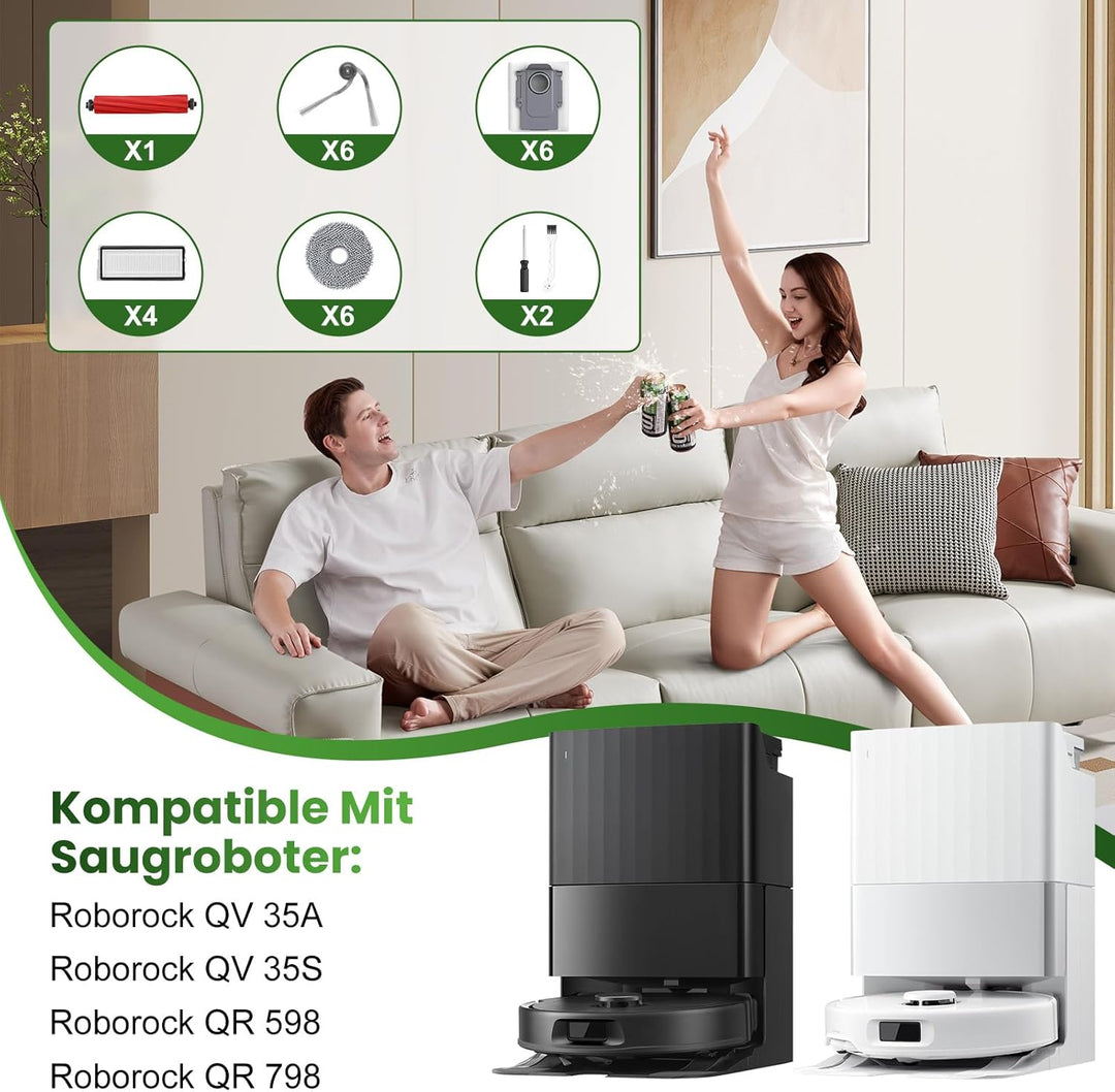 25 Stück Zubehör für Roborock QV35A QV35S QR598 QR798 Saugroboter | 1 Hauptbürste, 6 Staubbeutel, 4