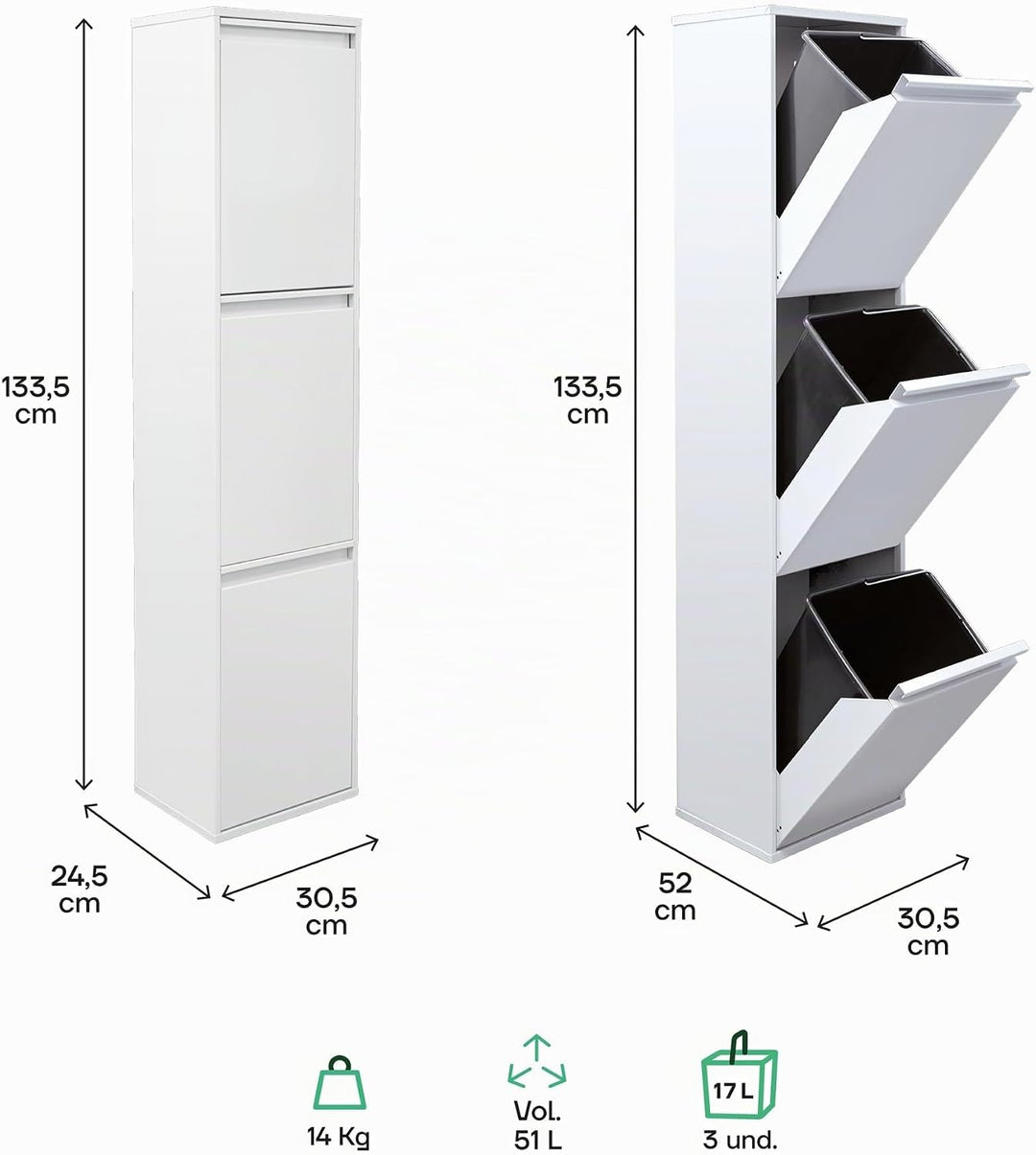 ARREGUI Basic CR301-B Mülltrennsystem aus Stahl | 3 Fächer Mülleimer für die Küche | 3 Fach Abfallei