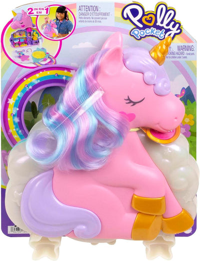 Polly Pocket HMX18 -Mini-Spielzeug, Regenbogen-Einhorn-Salon-Styling-Kopf und Schatullen-Spielset mi