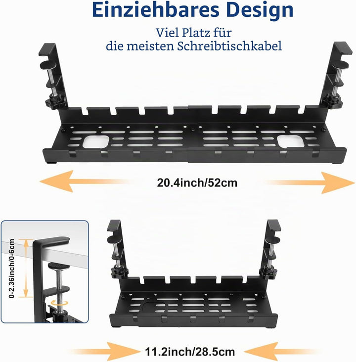 WADEO Kabelmanagement-Ablage unter dem Schreibtisch, 28–52 cm ausziehbarer und Verstellbarer Kabel-O