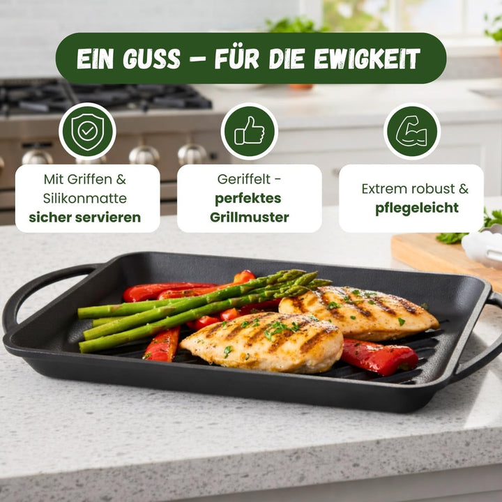 KITCHENBEAR - Grillplatte aus Gusseisen inkl. Silikonmatte - geeignet für Induktion, Gas, Ceran, Bac