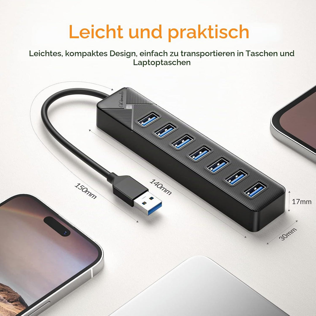 GiGimundo PG7U USB Hub 3.0, 7-Port USB Verteiler, 15CM Kurz Kabel mit 5V/3A Stromeingang, Mehrfach U