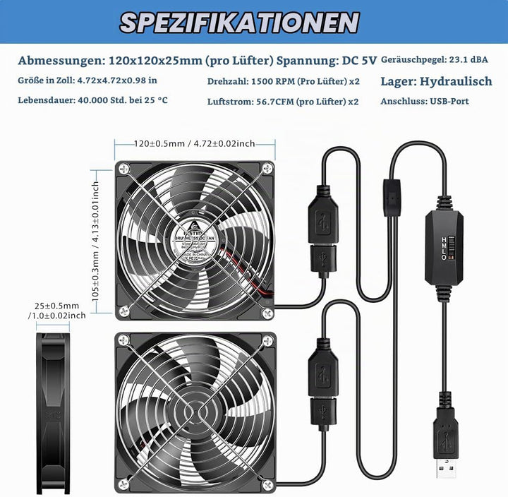 GDSTIME 2 x 120 USB Lüfter mit 3 Einstellbare Geschwindigkeiten 120mm PC Fan USB Ventilator für Chas