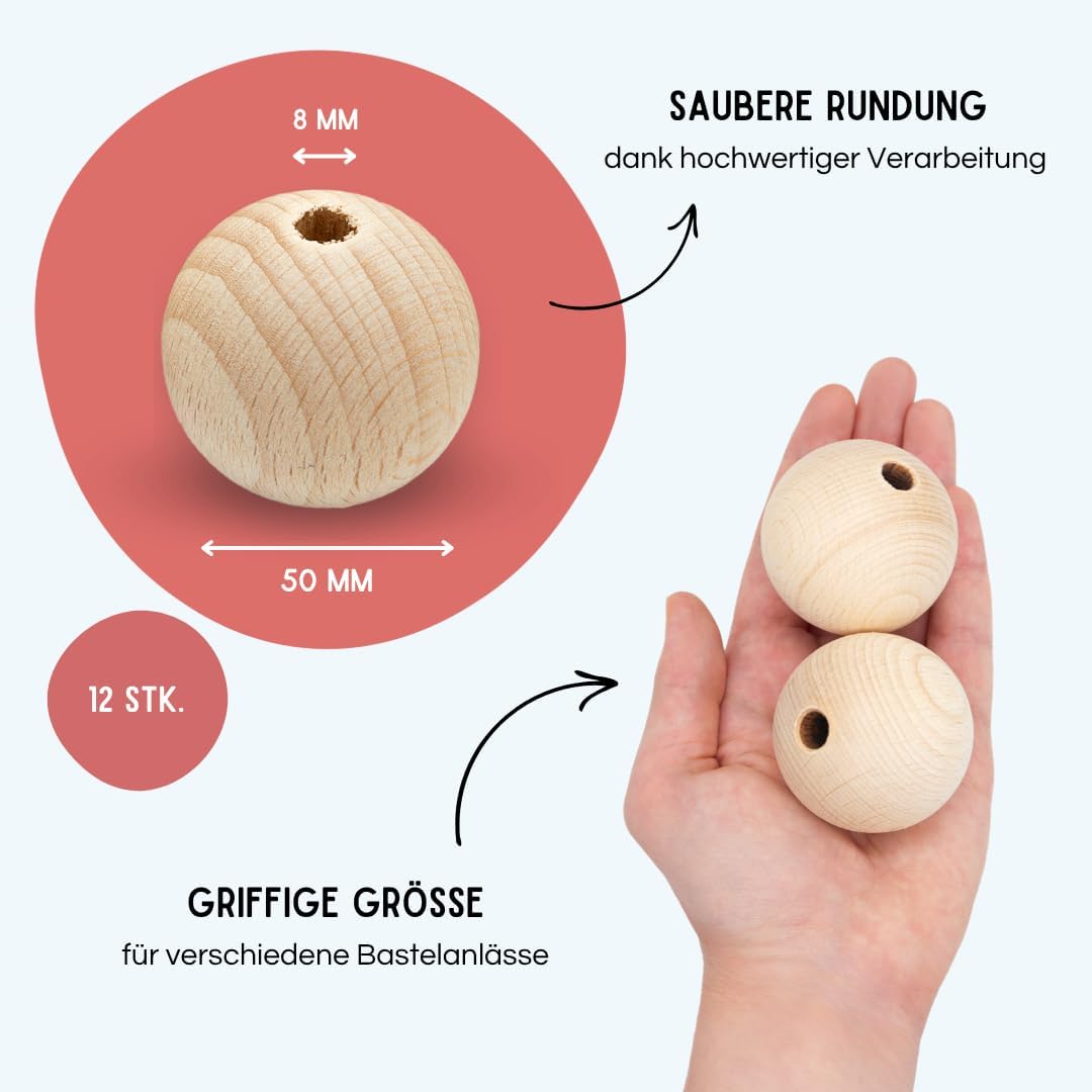 EV® Holzkugeln mit Loch - 12 Stück 50mm Durchmesser - Made in Austria - Grosse Holzperlen mit 8mm Bo