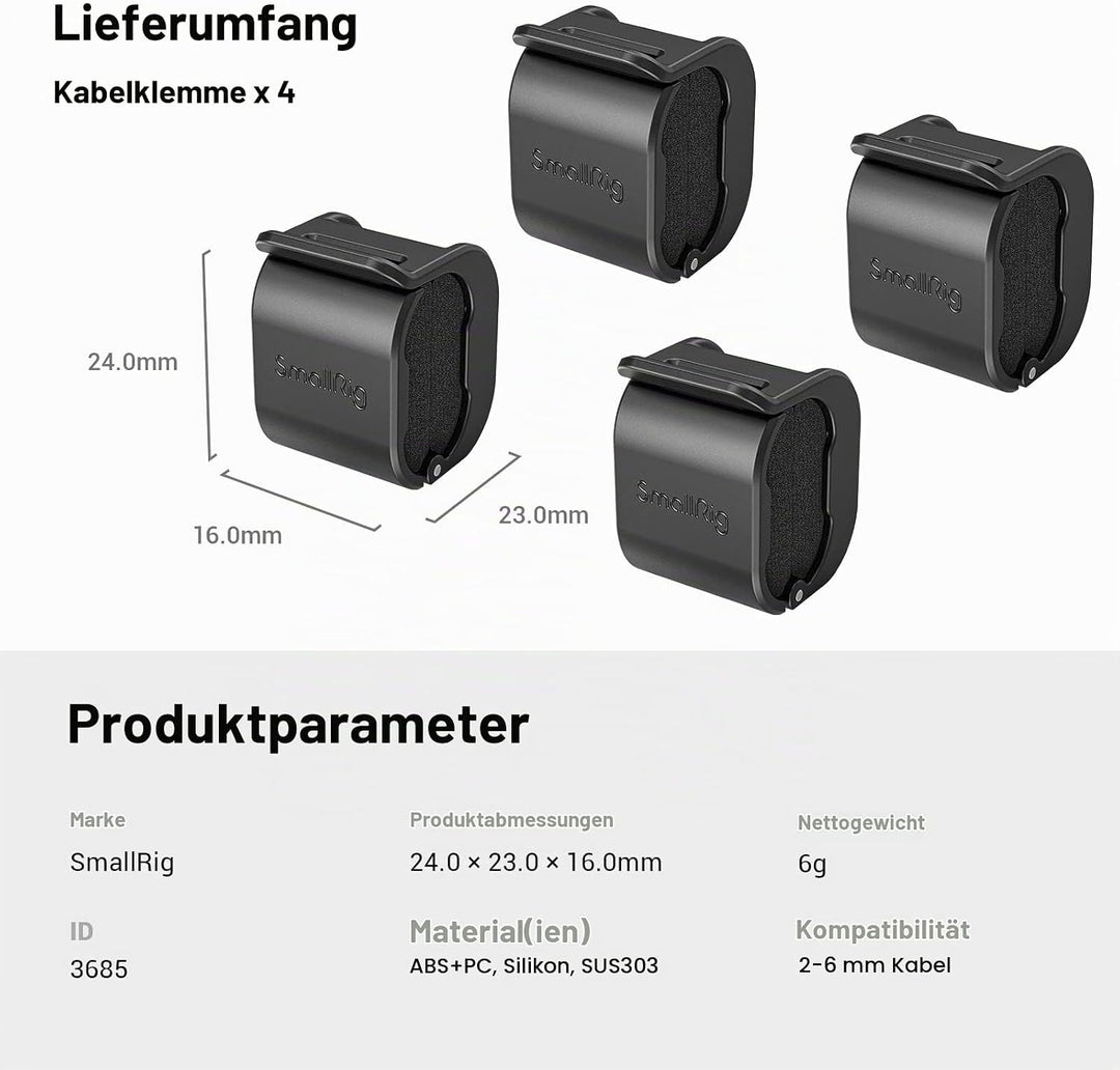 SMALLRIG Camera Cable Clamp Kamerakabelklemme für SDI/Mikrofonkabel, DSLR Kamera, 2mm - 6 mm Kabel (