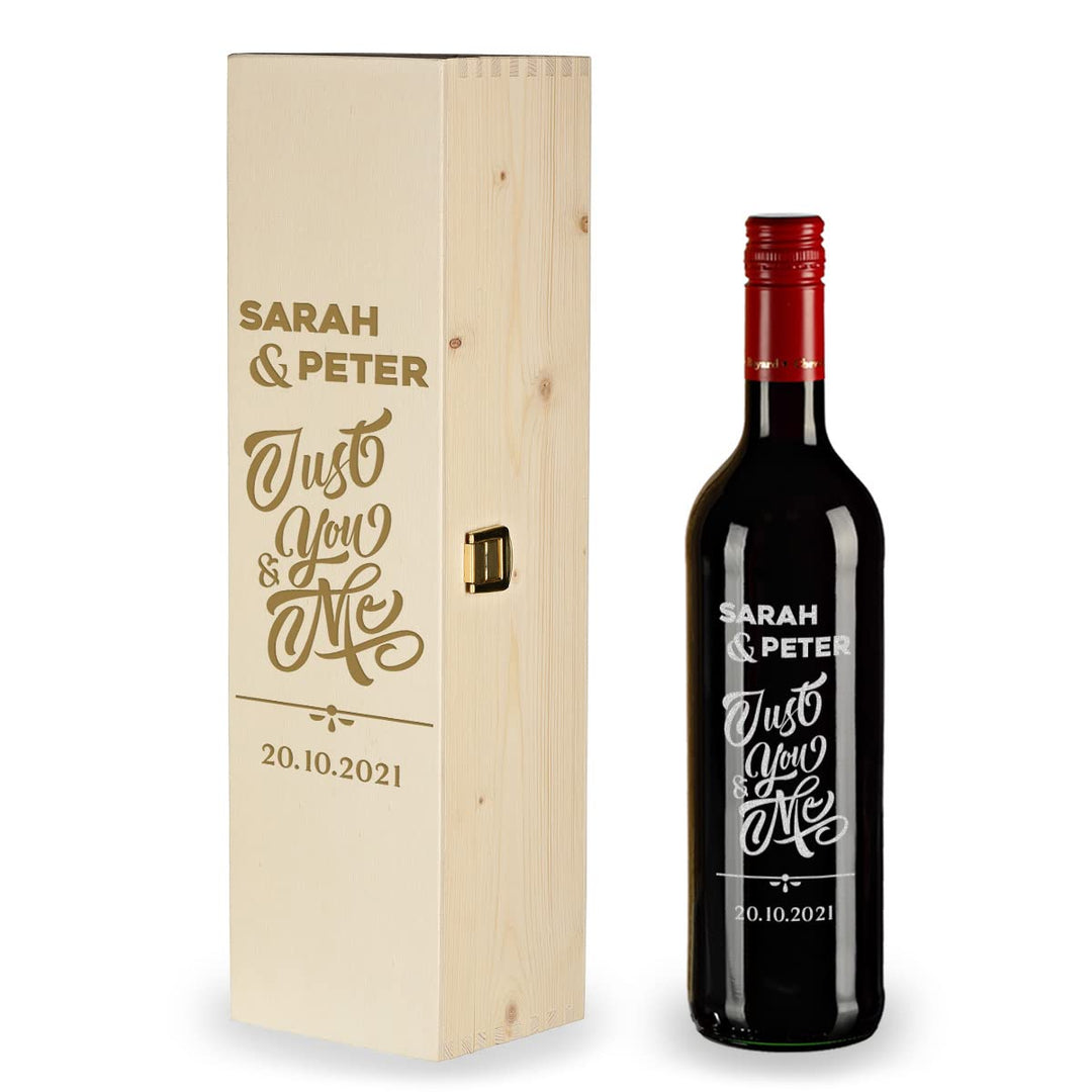 Wein Geschenkset 2-TLG - personalisiert mit Wunschgravur - 1x gravierte Weinflasche 700 ml und 1x Ho