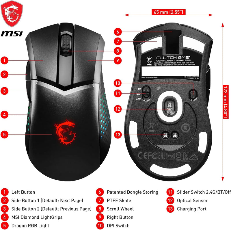 MSI Clutch GM51 Lightweight Wireless Gaming Maus - 26.000 DPI Optischer Sensor, 650 IPS, symmetrisch