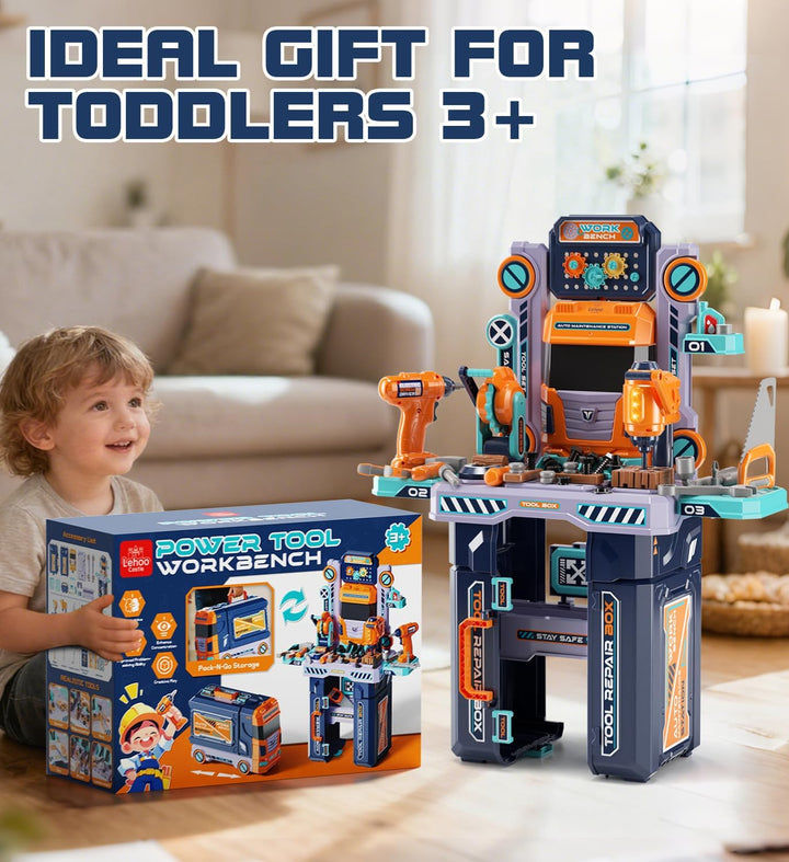 Lehoo Castle Werkbank Kinder 83cm Grossformat, Transformierbarer LKW mit Elektrischem Werkzeug Bohrh