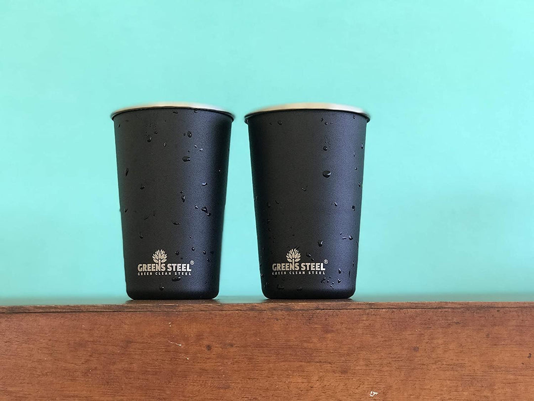 Greens Steel Edelstahlbecher - 4 Stück, Schwarz, 475ml I Einwandiges, stapelbares & wiederverwendbar