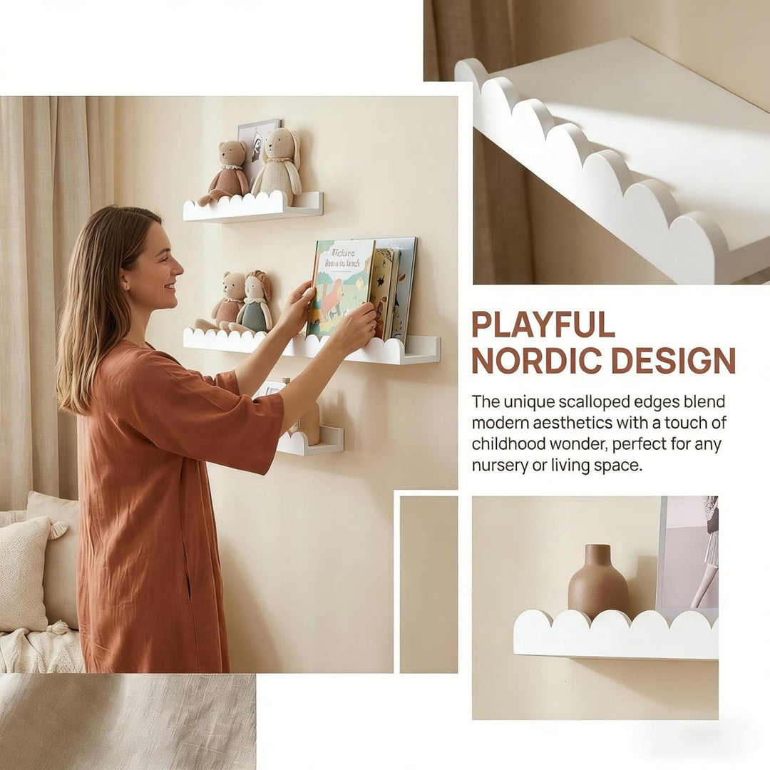 Wandregal Kinderzimmer 3er-Set Massivholz, Montessori Schwebregal 40cm mit sanften Rundungen, Bücher