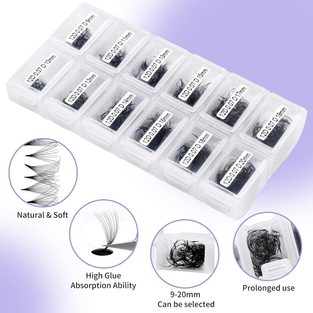 12D Gefächerte Volumen Wimpern 1200 Pcs Fertig Fächer Wimpernverlängerung C Curl 0.07mm 9-20mm Mixed