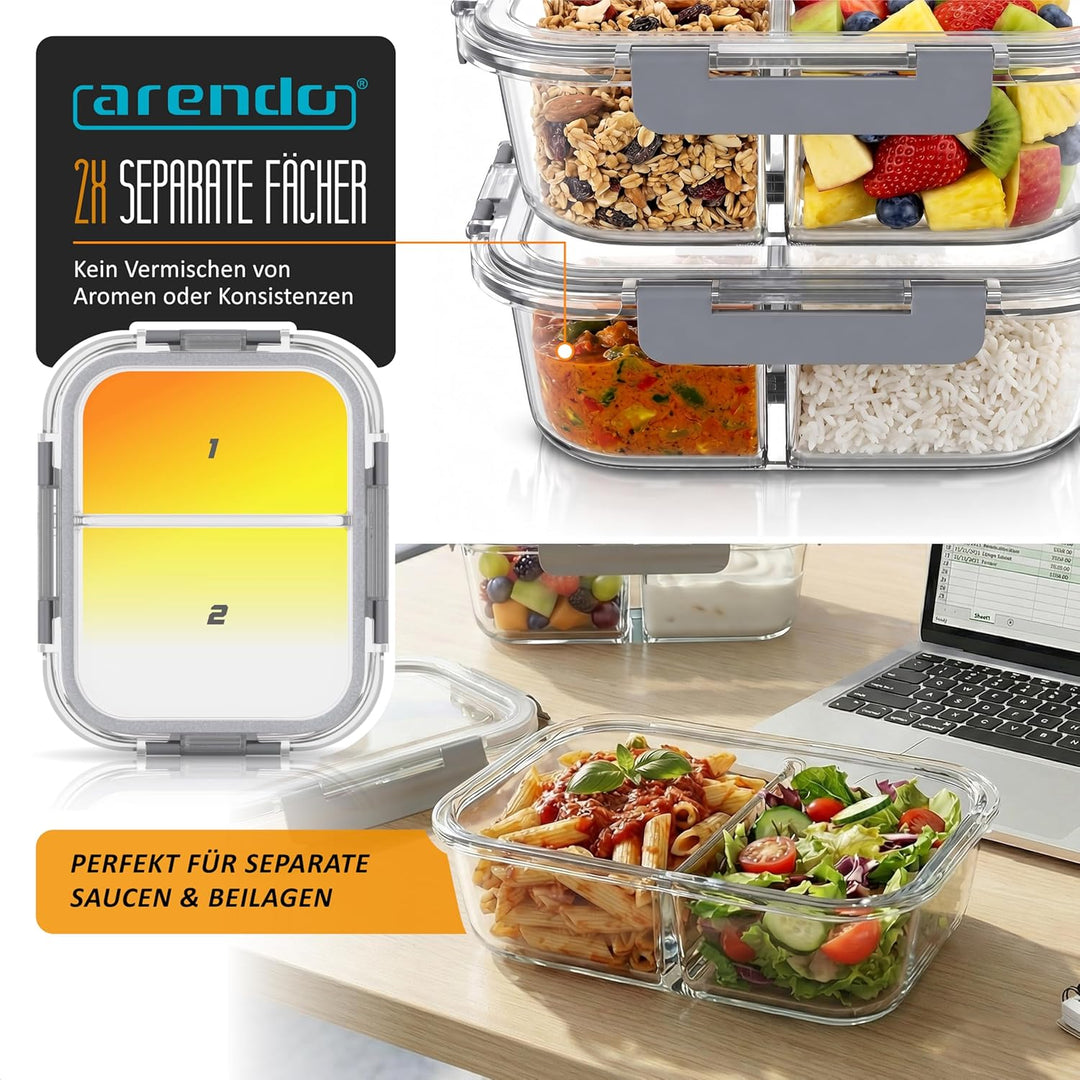 Arendo - Lunchboxen Glas - 2 Fächer - Frischhaltedosen für Lebensmittel mit Deckel luftdicht - 2er S