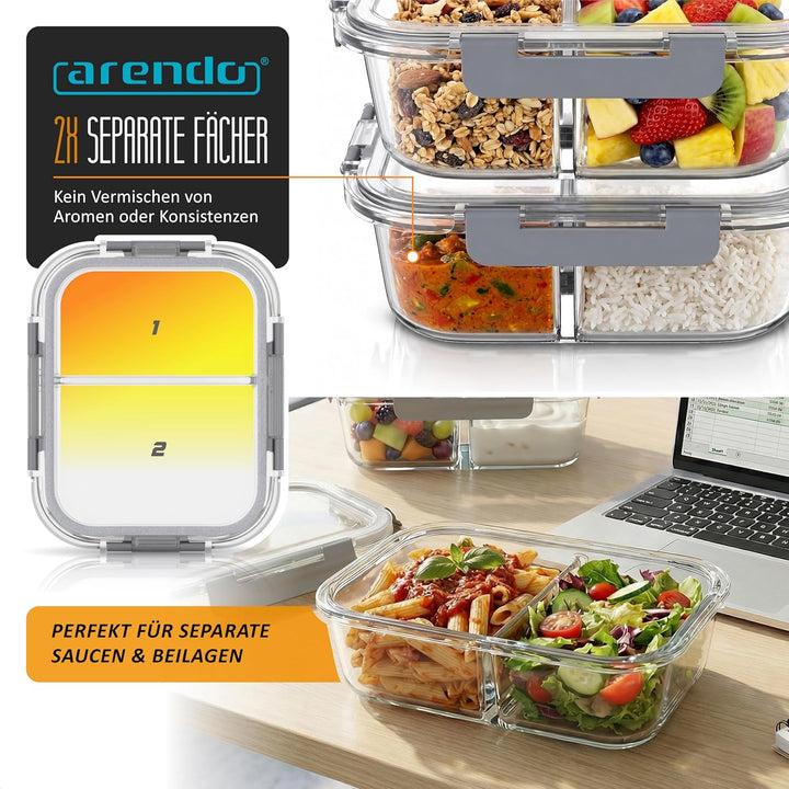 Arendo - Lunchboxen Glas - 2 Fächer - Frischhaltedosen für Lebensmittel mit Deckel luftdicht - 2er S