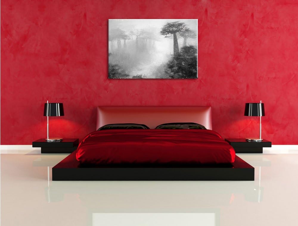 Pixxprint Mysteriöser Wald im Nebel Kohle Zeichnung Effekt, Format: 100x70 auf Leinwand, XXL riesige